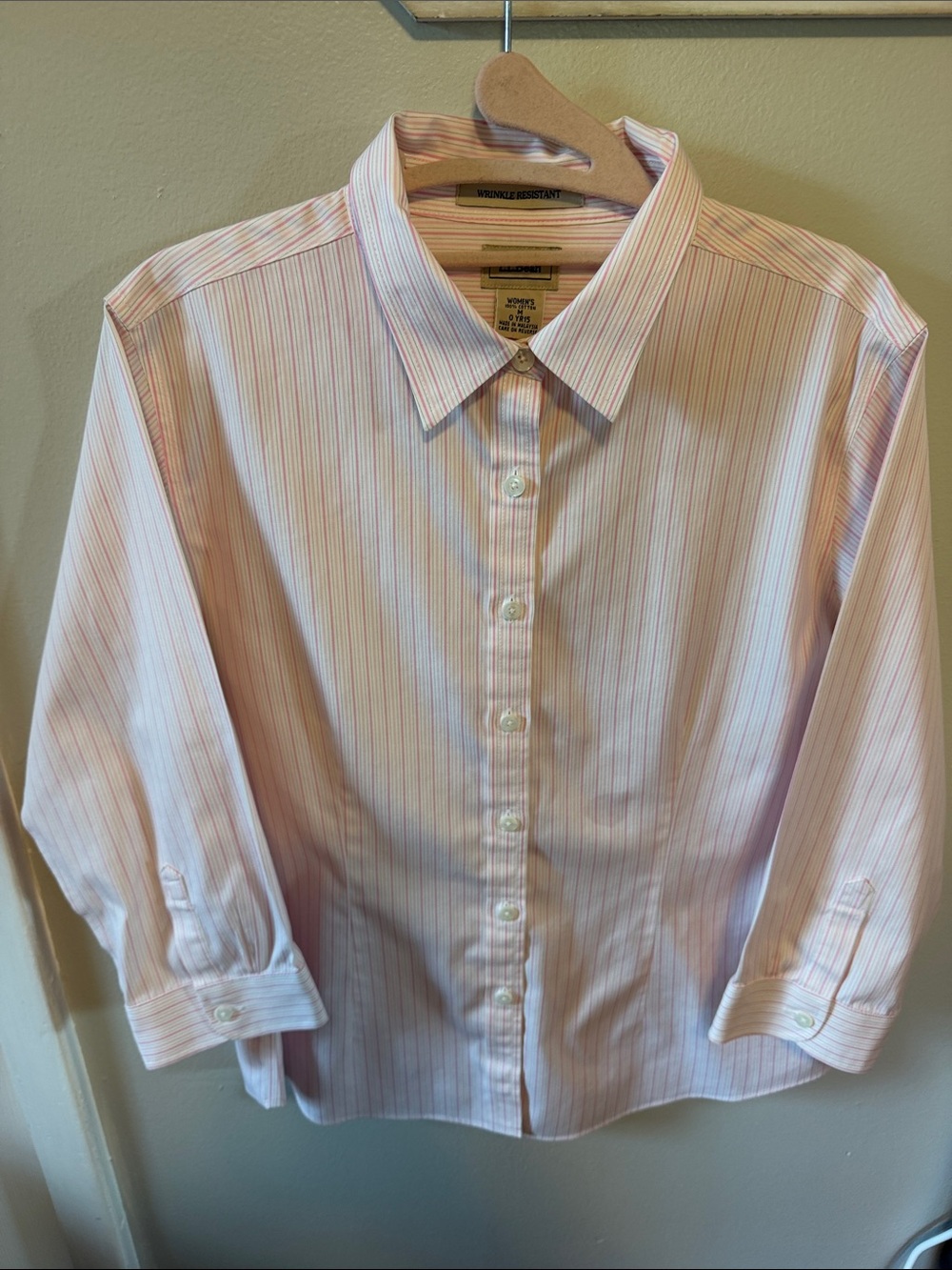 L.L. Bean Women's Pink and White Striped Cotton Button-Up Shirt